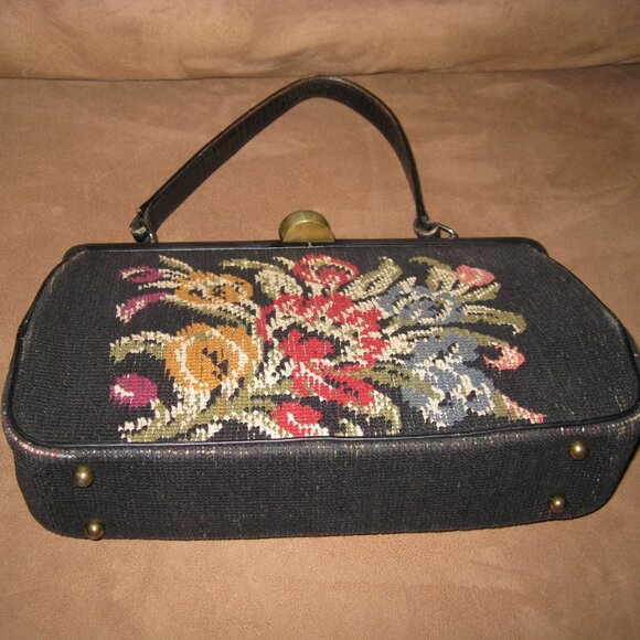 La Marquise Needlepoint Purse Handbag Leather Vintage - Picture 8 of 15